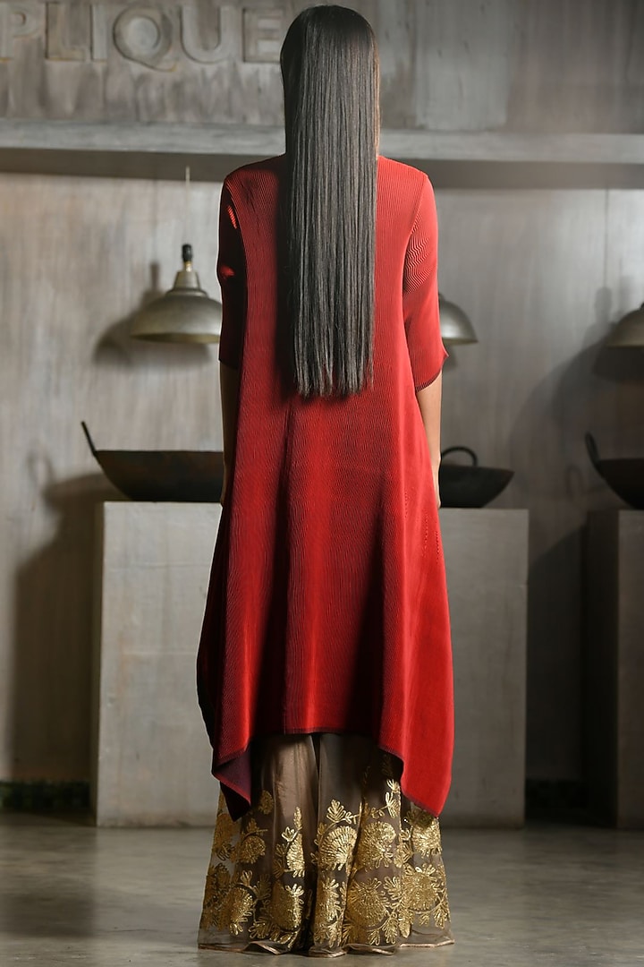 Khaki Pleated Polyester Embroidered Sharara Pants by Kiran Uttam Ghosh at Pernia's Pop Up Shop