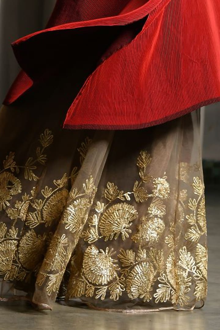 Khaki Pleated Polyester Embroidered Sharara Pants by Kiran Uttam Ghosh at Pernia's Pop Up Shop