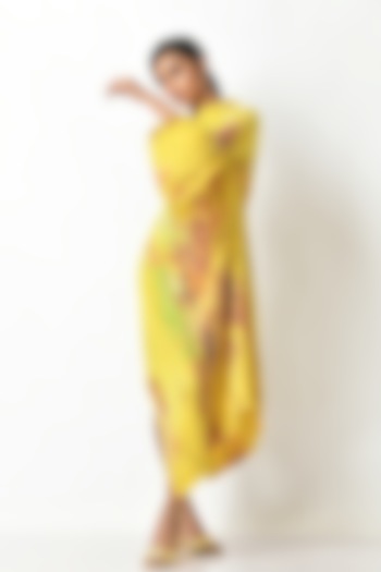 Yellow Printed One-Shoulder Kurta by Kiran Uttam Ghosh