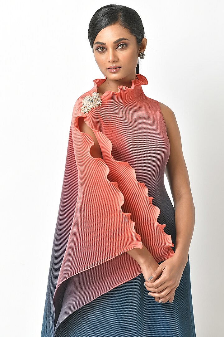Coral & Navy Shaded One Shoulder Kurta by Kiran Uttam Ghosh at Pernia's Pop Up Shop