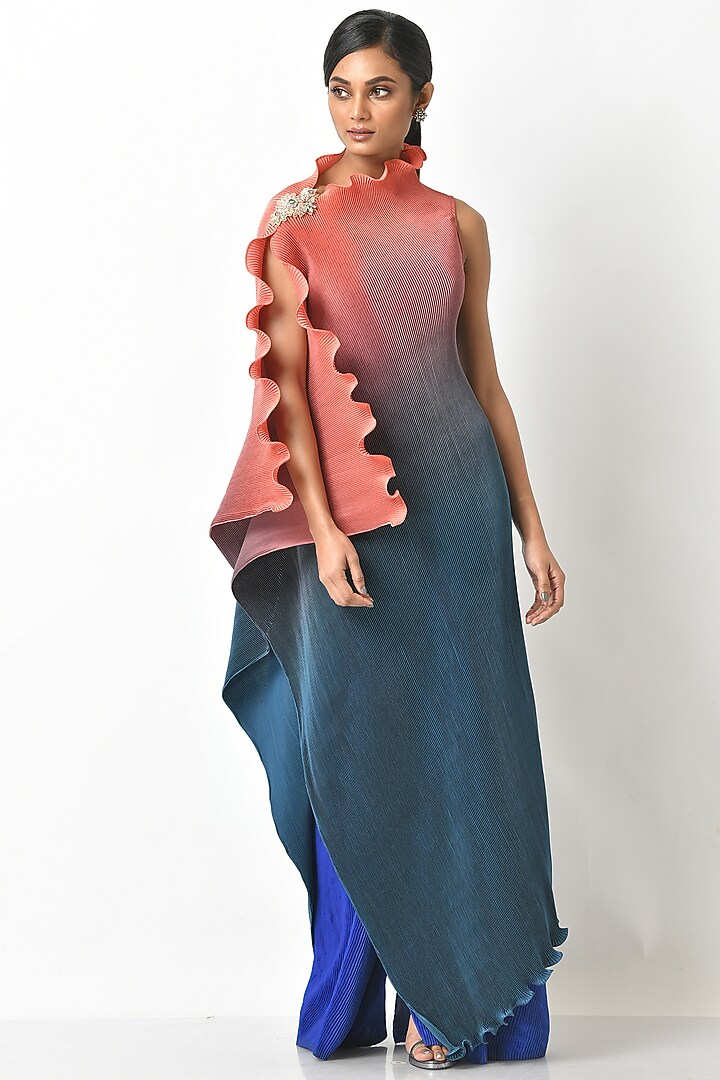 Coral & Navy Shaded One Shoulder Kurta by Kiran Uttam Ghosh at Pernia's Pop Up Shop