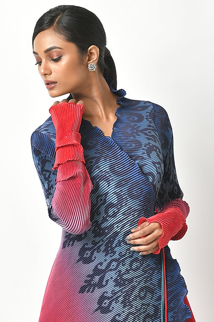 Red & Navy Angrakha Kurta by Kiran Uttam Ghosh at Pernia's Pop Up Shop