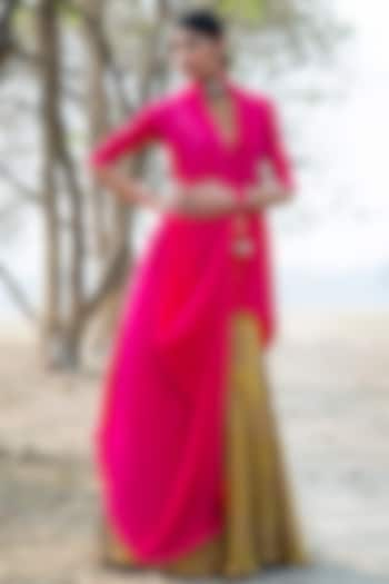 Fuchsia Pleated Polyester Wrap by Kiran Uttam Ghosh