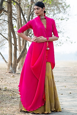 Fuchsia Pleated Polyester Wrap by Kiran Uttam Ghosh