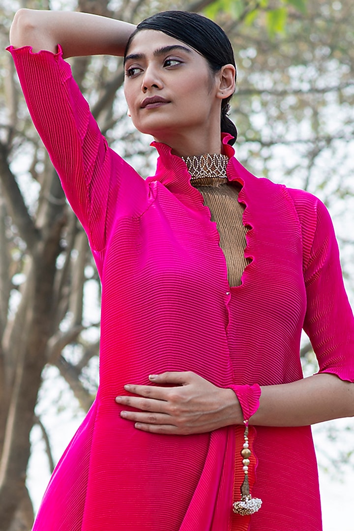 Fuchsia Pleated Polyester Wrap by Kiran Uttam Ghosh at Pernia's Pop Up Shop