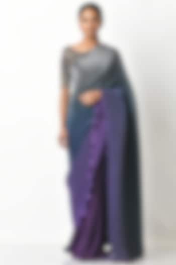 Purple & Grey Pleated Polyester Saree Set by Kiran Uttam Ghosh