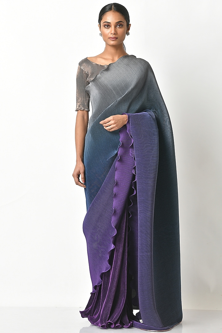 Purple & Grey Pleated Polyester Saree Set by Kiran Uttam Ghosh