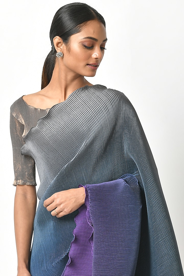Purple & Grey Pleated Polyester Wedding Saree Set by Kiran Uttam Ghosh at Pernia's Pop Up Shop