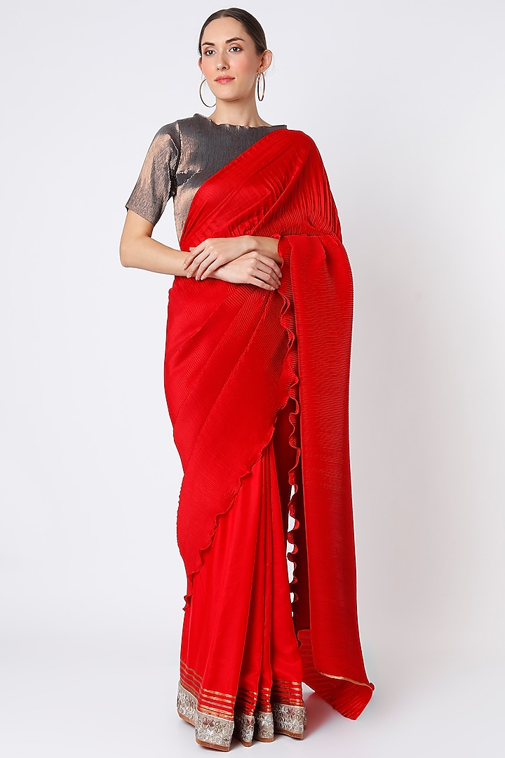 Red Pleated Polyester Saree Set by Kiran Uttam Ghosh