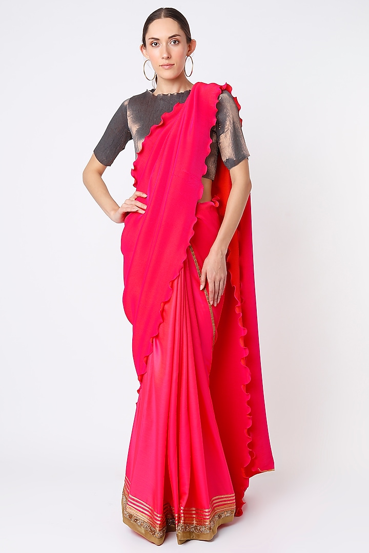 Fuchsia Pleated Polyester Saree Set by Kiran Uttam Ghosh