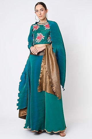 Turquoise Pleated Polyester Lehenga Set by Kiran Uttam Ghosh