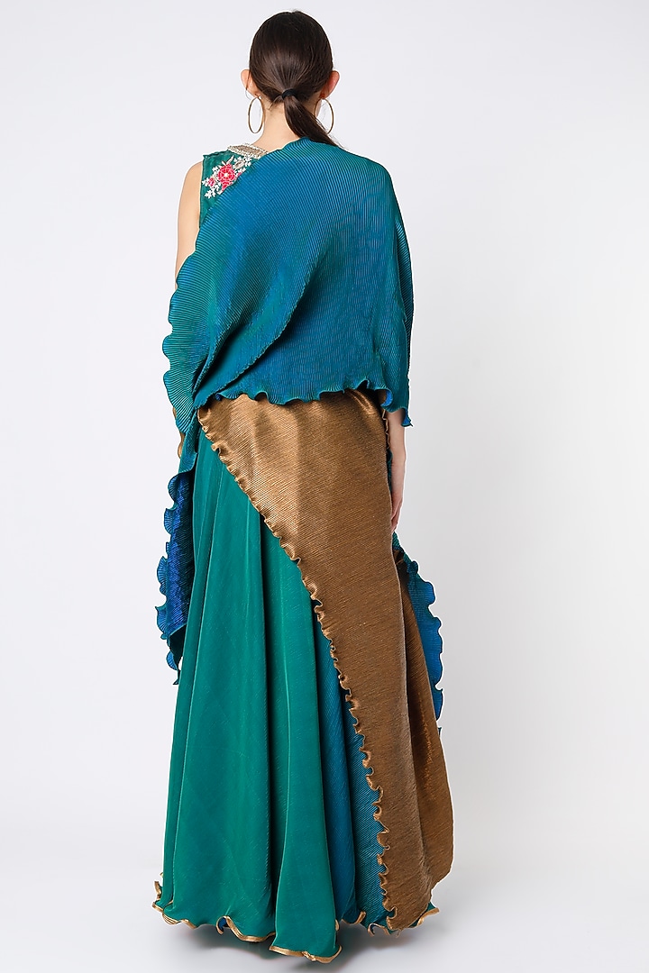 Turquoise Pleated Polyester Wedding Lehenga Set by Kiran Uttam Ghosh at Pernia's Pop Up Shop