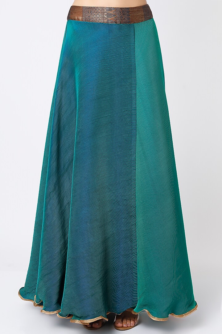 Turquoise Pleated Polyester Wedding Lehenga Set by Kiran Uttam Ghosh at Pernia's Pop Up Shop