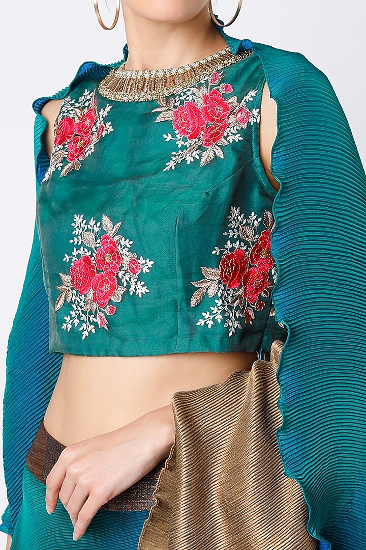 Turquoise Pleated Polyester Wedding Lehenga Set by Kiran Uttam Ghosh at Pernia's Pop Up Shop