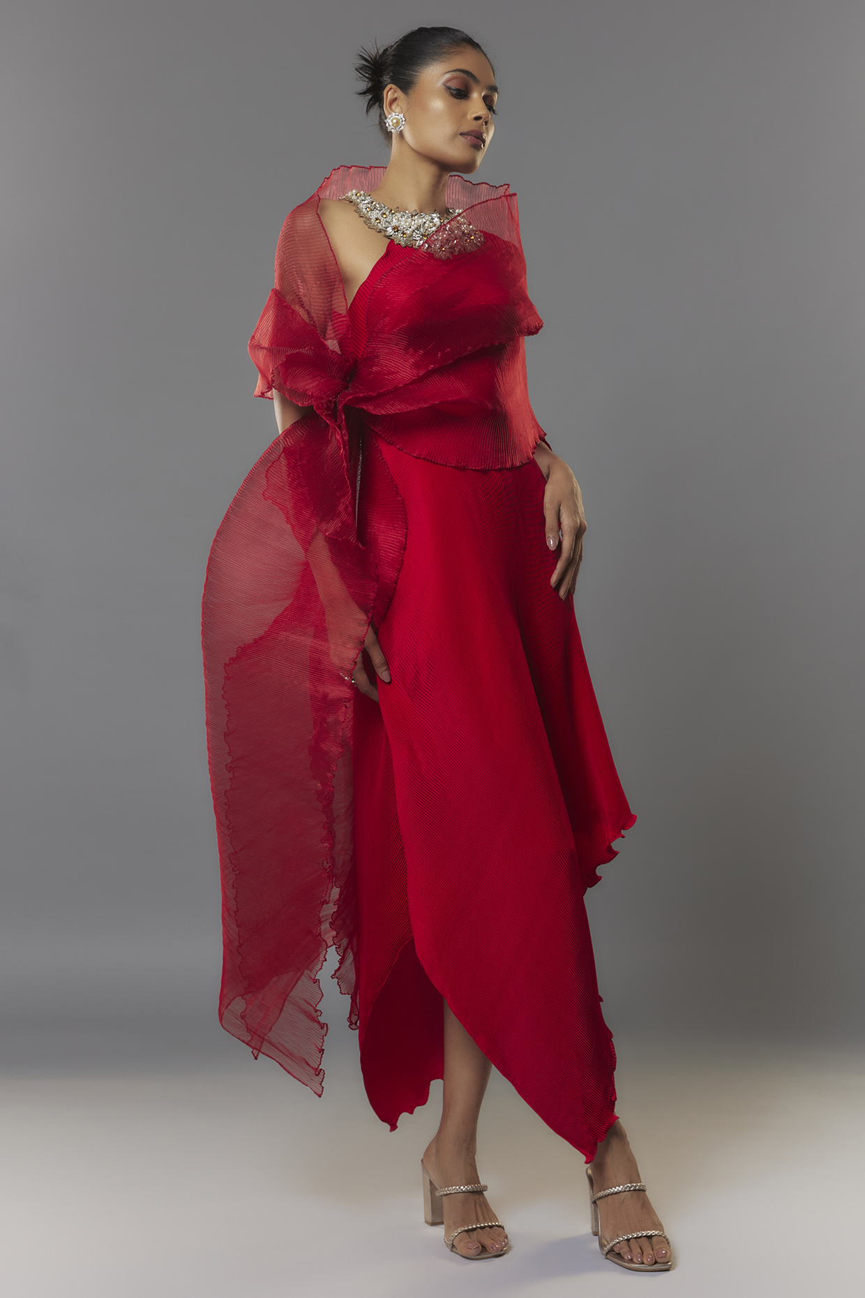 Red Pleated Polyester Vacation Dress With Drape by Kiran Uttam Ghosh at Pernia's Pop Up Shop