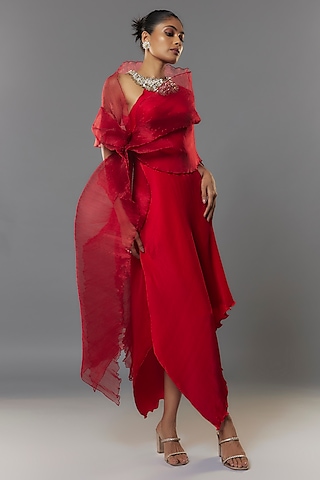 Red Pleated Polyester Dress With Drape by Kiran Uttam Ghosh