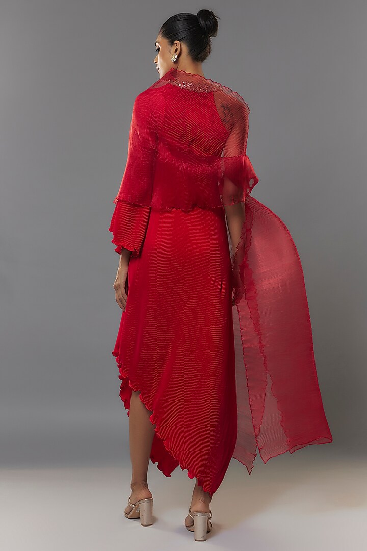 Red Pleated Polyester Cocktail Dress With Drape by Kiran Uttam Ghosh at Pernia's Pop Up Shop