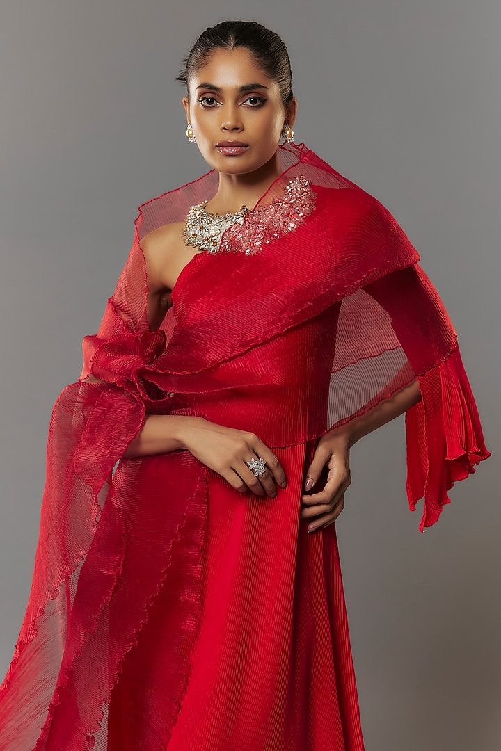 Red Pleated Polyester Cocktail Dress With Drape by Kiran Uttam Ghosh at Pernia's Pop Up Shop