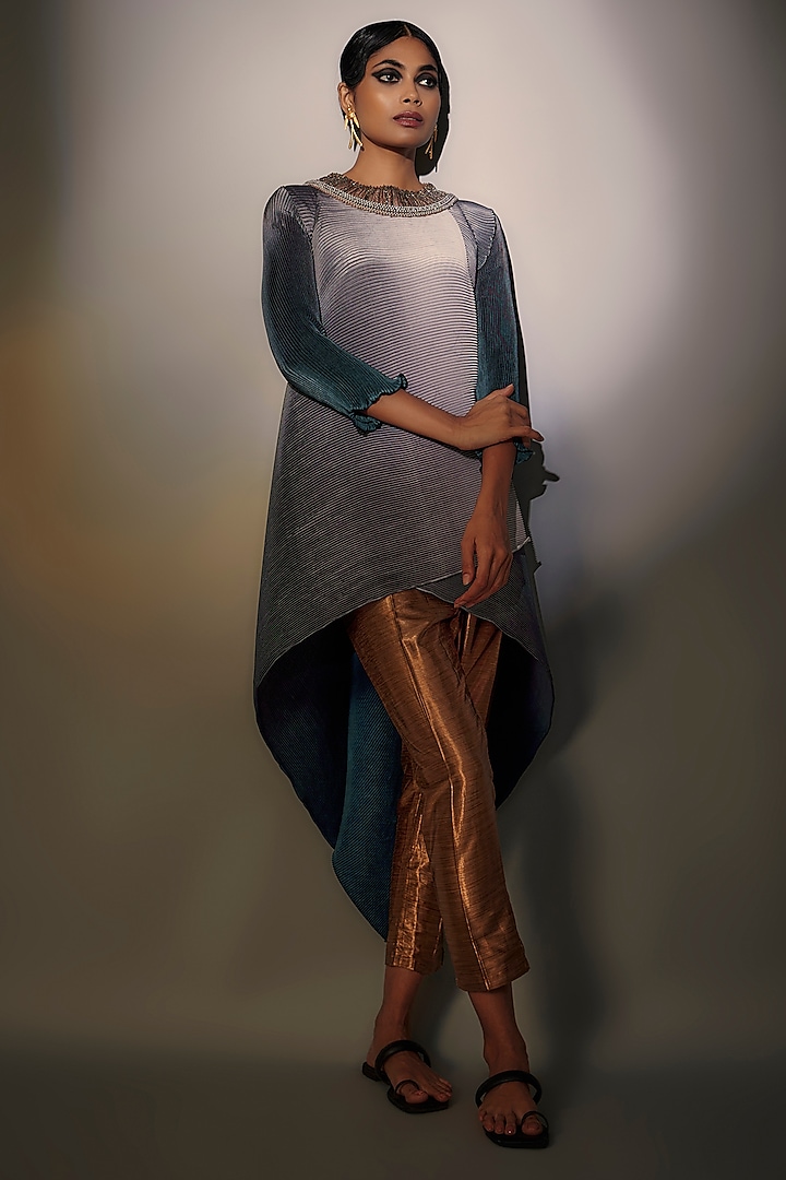 Grey & Navy Pleated Polyester Embroidered Wrap Tunic by Kiran Uttam Ghosh