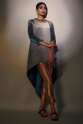 Grey & Navy Pleated Polyester Embroidered Wrap Tunic by Kiran Uttam Ghosh