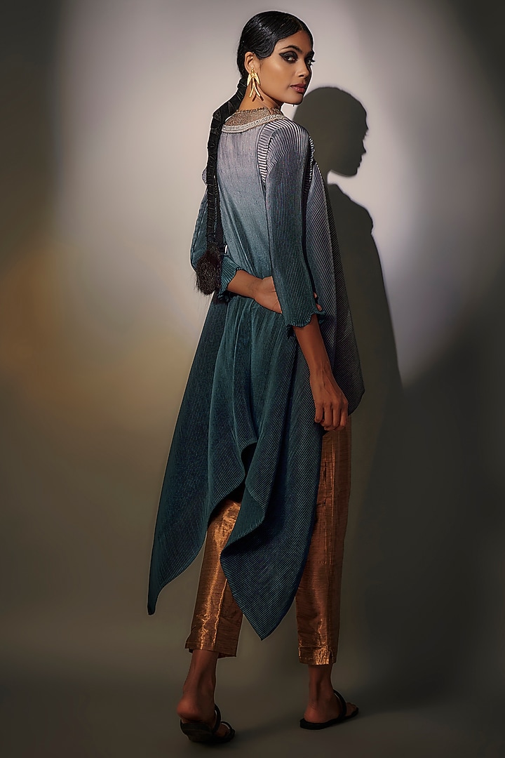 Grey & Navy Pleated Polyester Embroidered Wrap Tunic by Kiran Uttam Ghosh at Pernia's Pop Up Shop