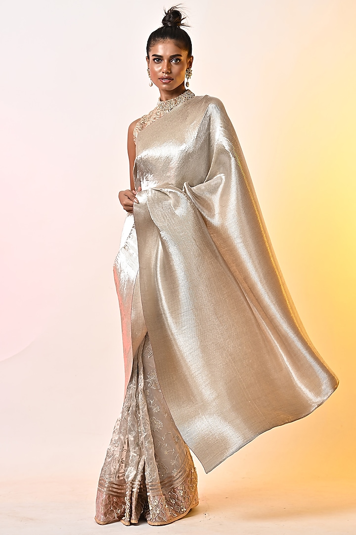 Silver Pleated Polyester Hand Embroidered Pleated Saree Set by Kiran Uttam Ghosh