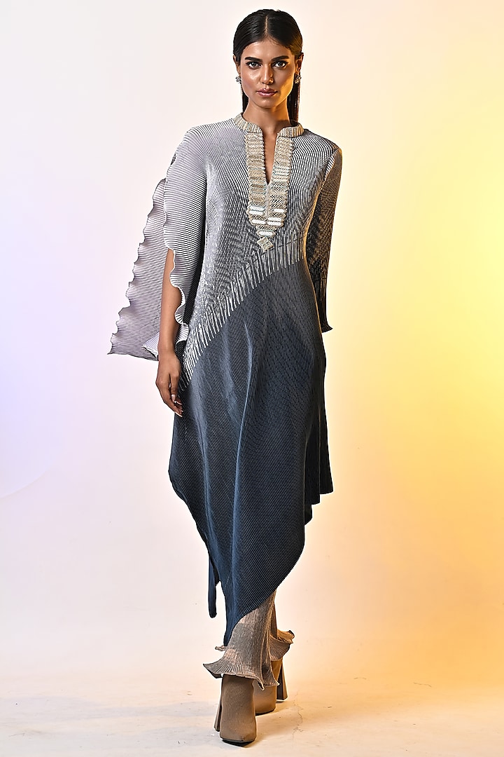 Silver-Grey & Navy Blue Ombre Pleated Polyester Hand Embroidered Draped Kaftan by Kiran Uttam Ghosh