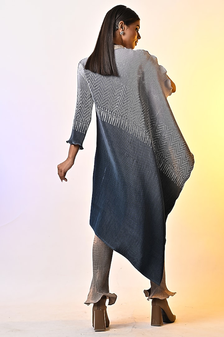 Silver-Grey & Navy Blue Ombre Pleated Polyester Hand Embroidered Draped Kaftan by Kiran Uttam Ghosh at Pernia's Pop Up Shop