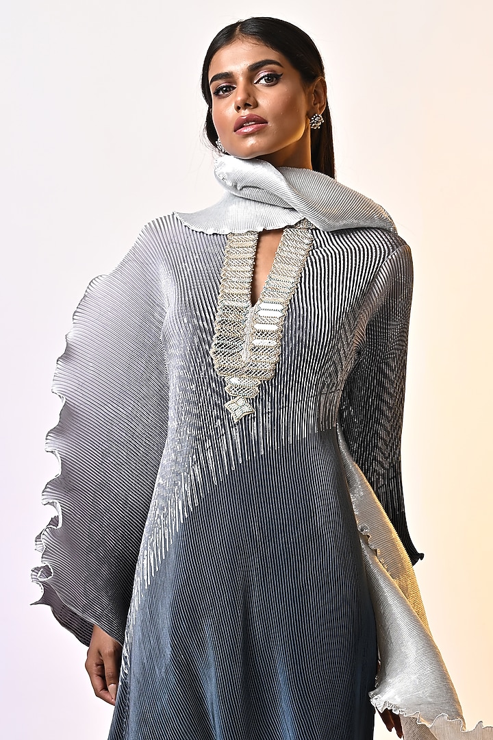 Silver-Grey & Navy Blue Ombre Pleated Polyester Hand Embroidered Draped Kaftan by Kiran Uttam Ghosh at Pernia's Pop Up Shop