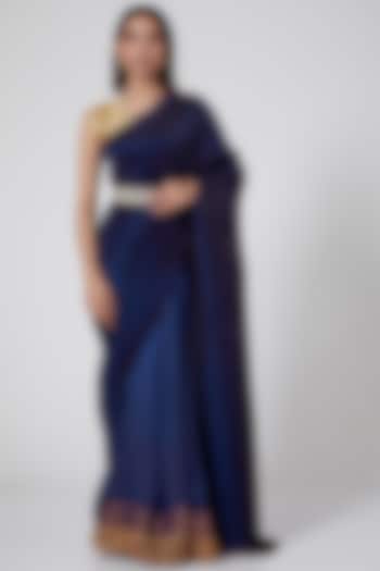 Navy Blue Embroidered Pleated Saree by Kiran Uttam Ghosh