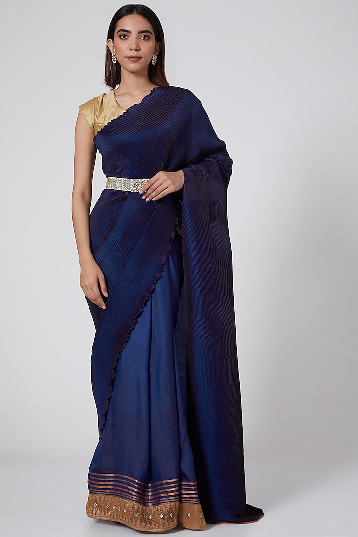 Navy Blue Embroidered Pleated Saree by Kiran Uttam Ghosh