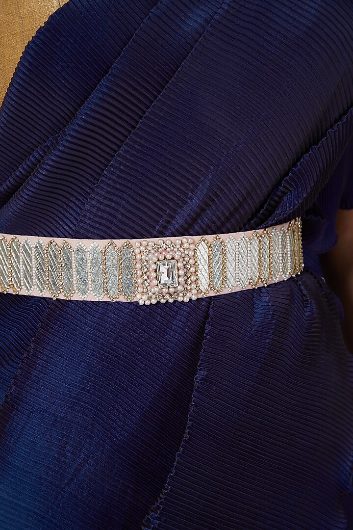 Silver Embroidered Hexagon Belt by Kiran Uttam Ghosh at Pernia's Pop Up Shop