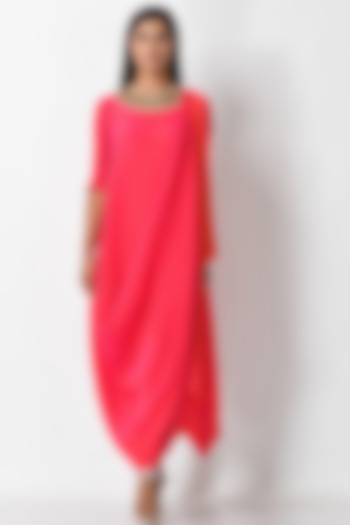 Fuchsia Pink Pleated Dress by Kiran Uttam Ghosh