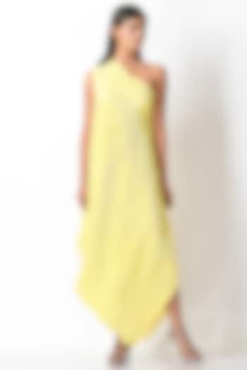 Yellow Pleated One Shoulder Dress by Kiran Uttam Ghosh