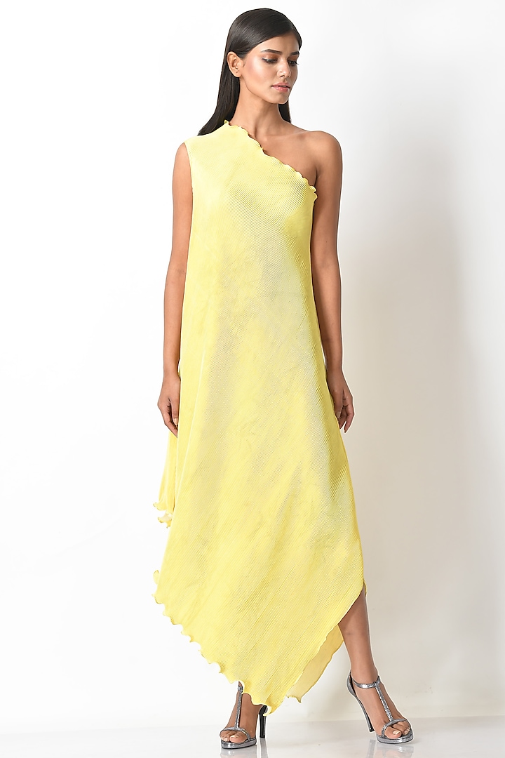 Yellow Pleated One Shoulder Dress by Kiran Uttam Ghosh