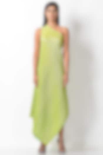 Lime Green Printed Pleated Dress by Kiran Uttam Ghosh
