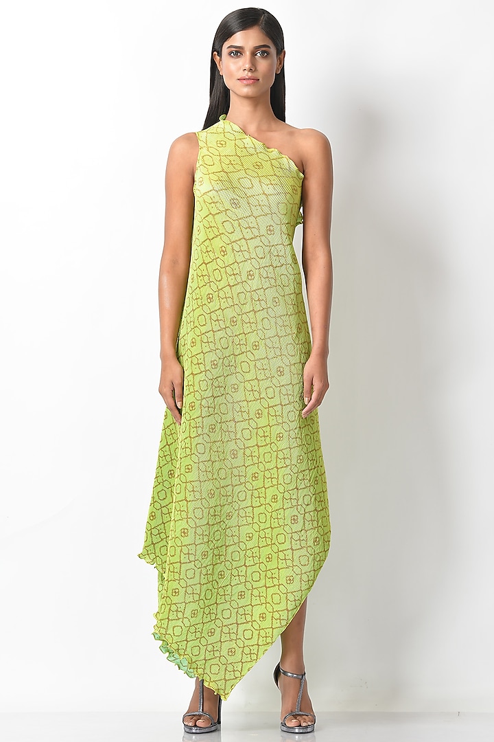 Lime Green Printed Pleated Dress by Kiran Uttam Ghosh