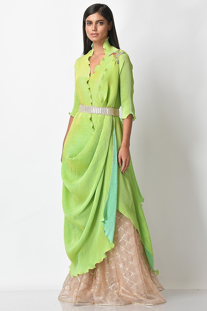 Lime Printed Pleated Dress by Kiran Uttam Ghosh