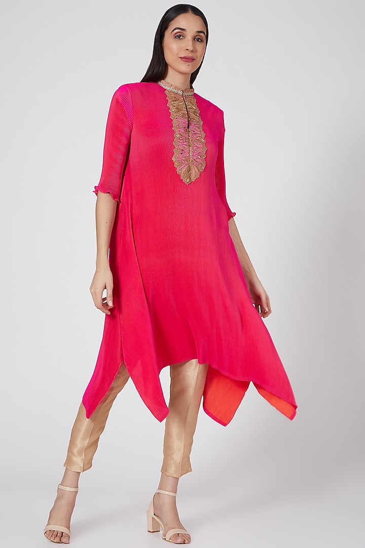 Red Embroidered Pleated Kaftan by Kiran Uttam Ghosh