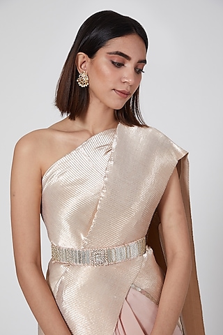 Silver Pleated Polyester Hexagon Belt by Kiran Uttam Ghosh