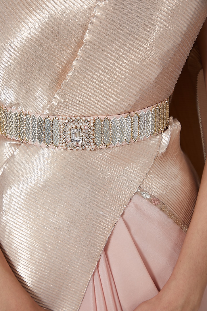 Silver Pleated Polyester Hexagon Belt by Kiran Uttam Ghosh at Pernia's Pop Up Shop