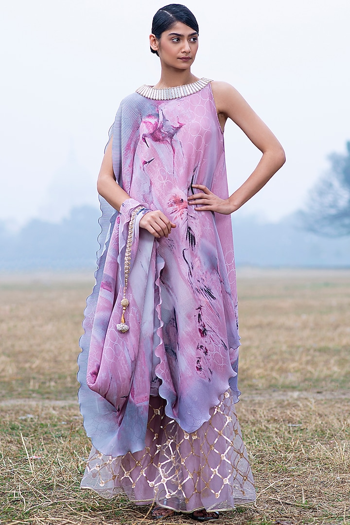Salmon Pink Printed & Embroidered Draped Dress by Kiran Uttam Ghosh