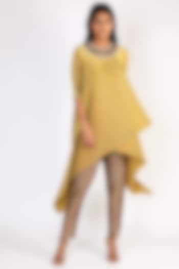 Mustard Embroidered Pleated Dress by Kiran Uttam Ghosh at Pernia's Pop Up Shop