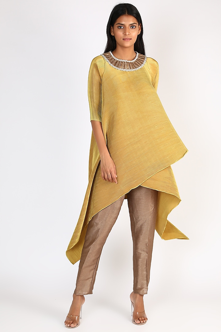 Mustard Embroidered Pleated Dress by Kiran Uttam Ghosh