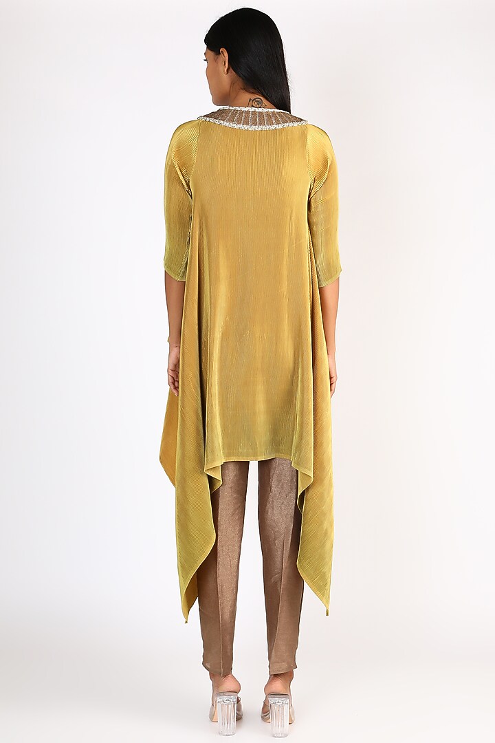 Mustard Embroidered Pleated Vacation Dress by Kiran Uttam Ghosh at Pernia's Pop Up Shop