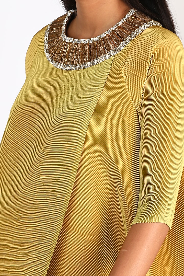 Mustard Embroidered Pleated Vacation Dress by Kiran Uttam Ghosh at Pernia's Pop Up Shop