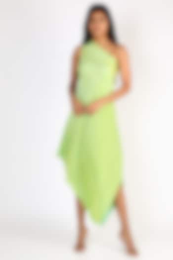 Lime Green Pleated One Shoulder Dress by Kiran Uttam Ghosh