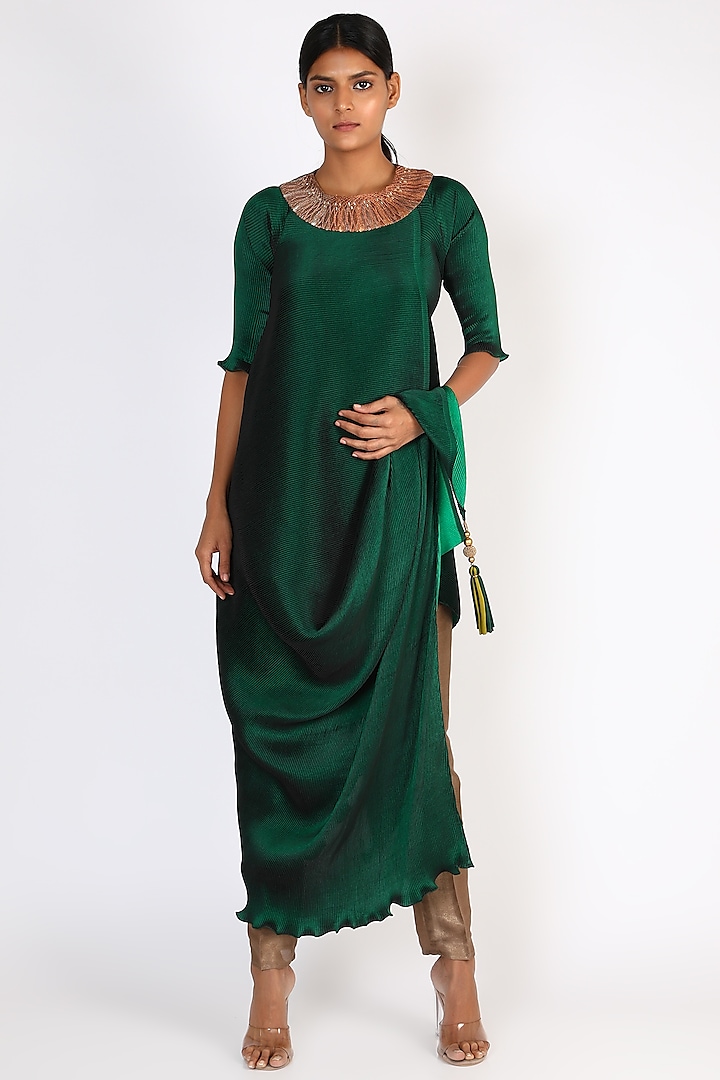 Emerald Green Embroidered Draped Dress by Kiran Uttam Ghosh