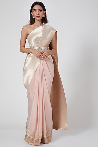 Peach Pearl Embroidered Pleated Saree by Kiran Uttam Ghosh