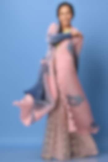 Salmon & Navy Blue Printed Angrakha Jacket by Kiran Uttam Ghosh at Pernia's Pop Up Shop